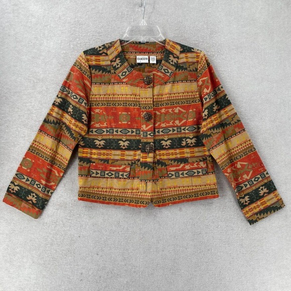 Chico's Jackets & Blazers - Chicos Jacket Womens Size XS Cropped Aztec Print Tan Red Green‎ Metal Buttons
